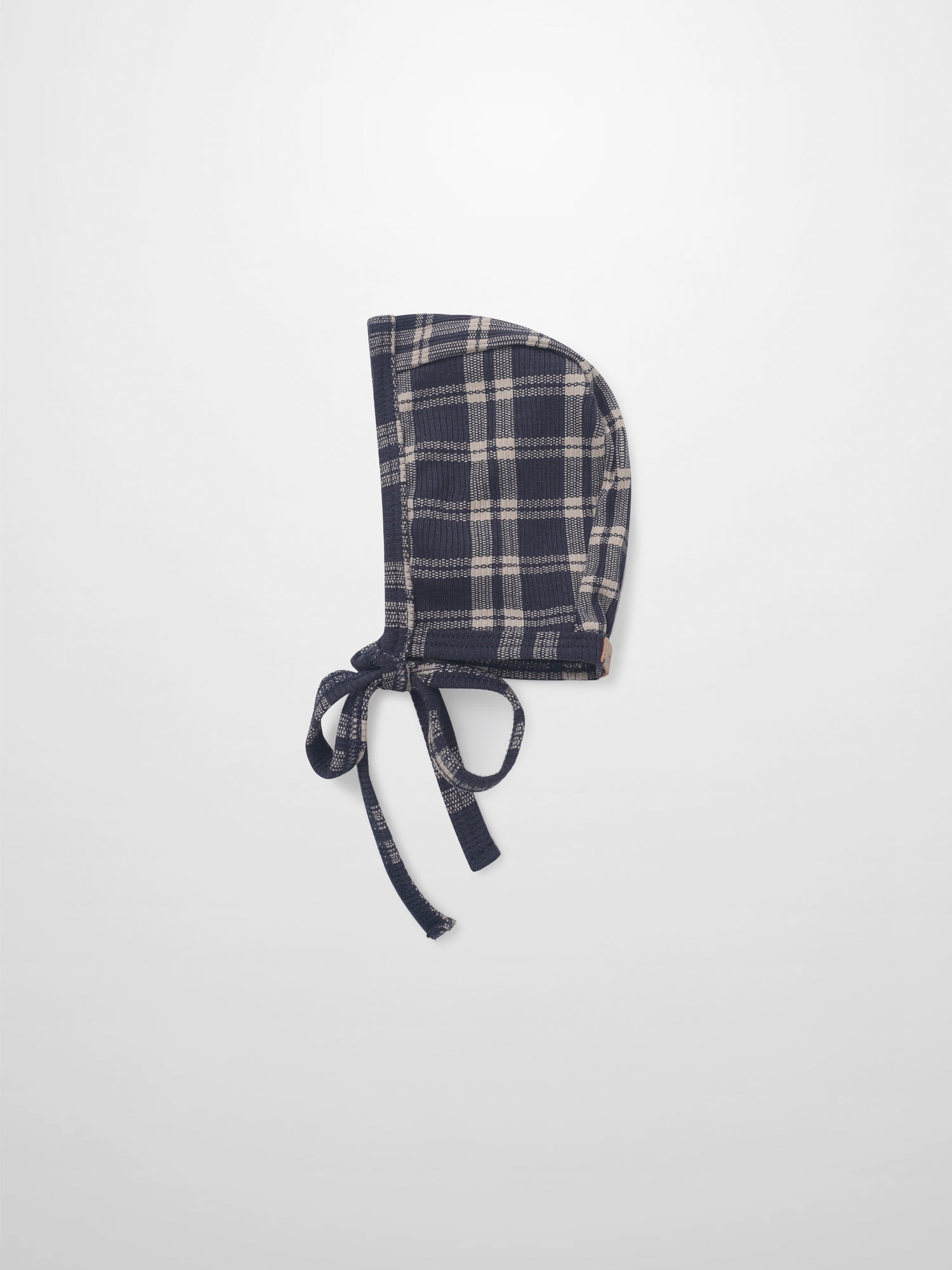 Navy plaid bonnet for boys by Adee with tie strings, apparel accessory.