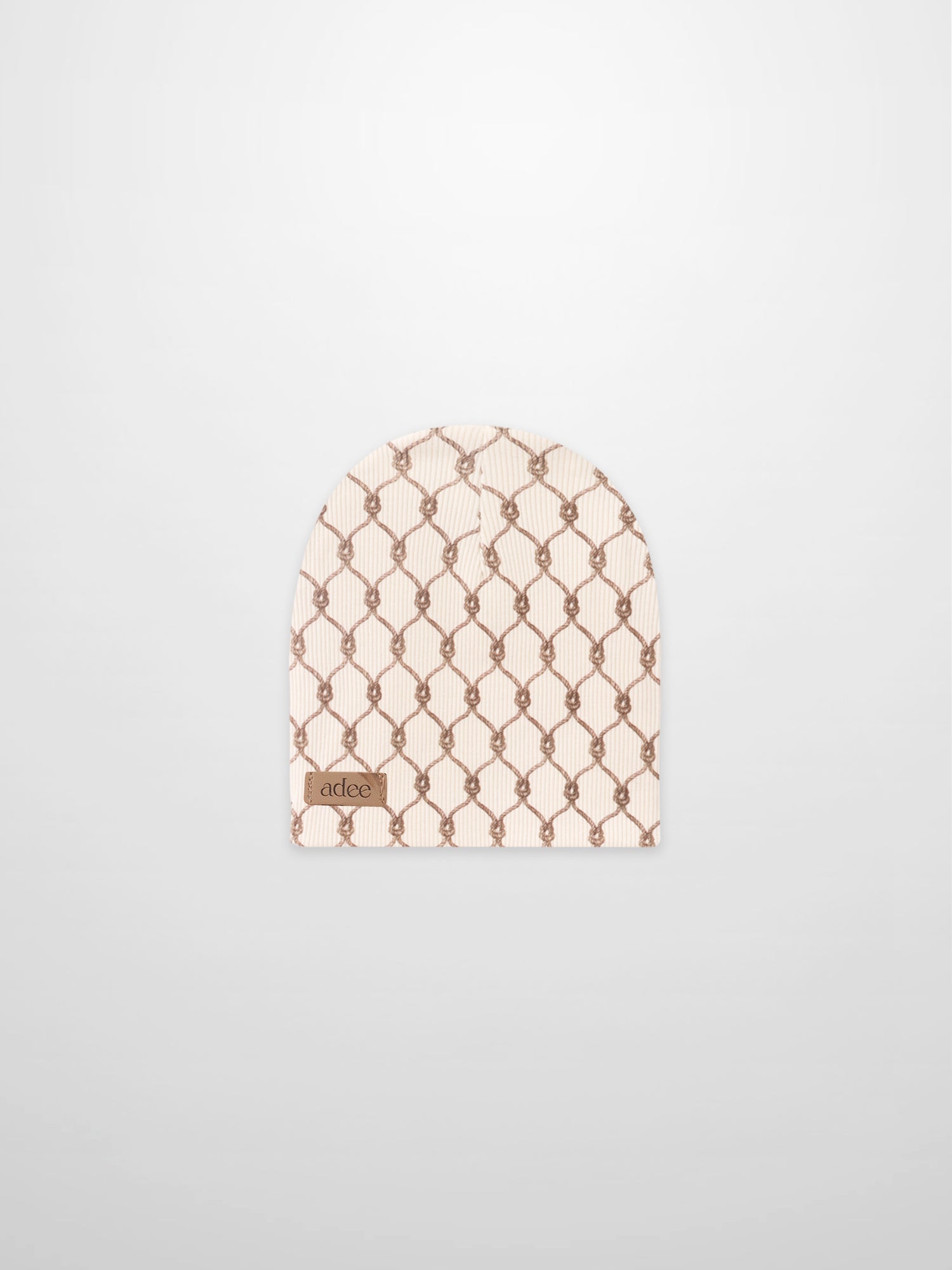 Brown Chain Beanie for boys by Adee, beige knit with brown chain pattern.
