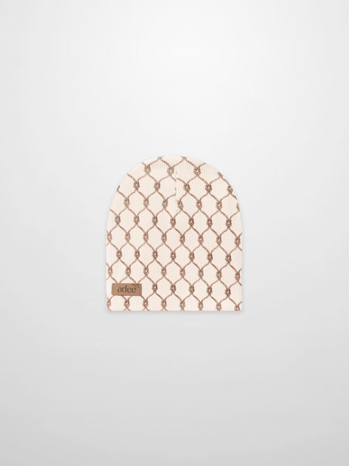 Brown Chain Beanie for boys by Adee, beige knit with brown chain pattern.