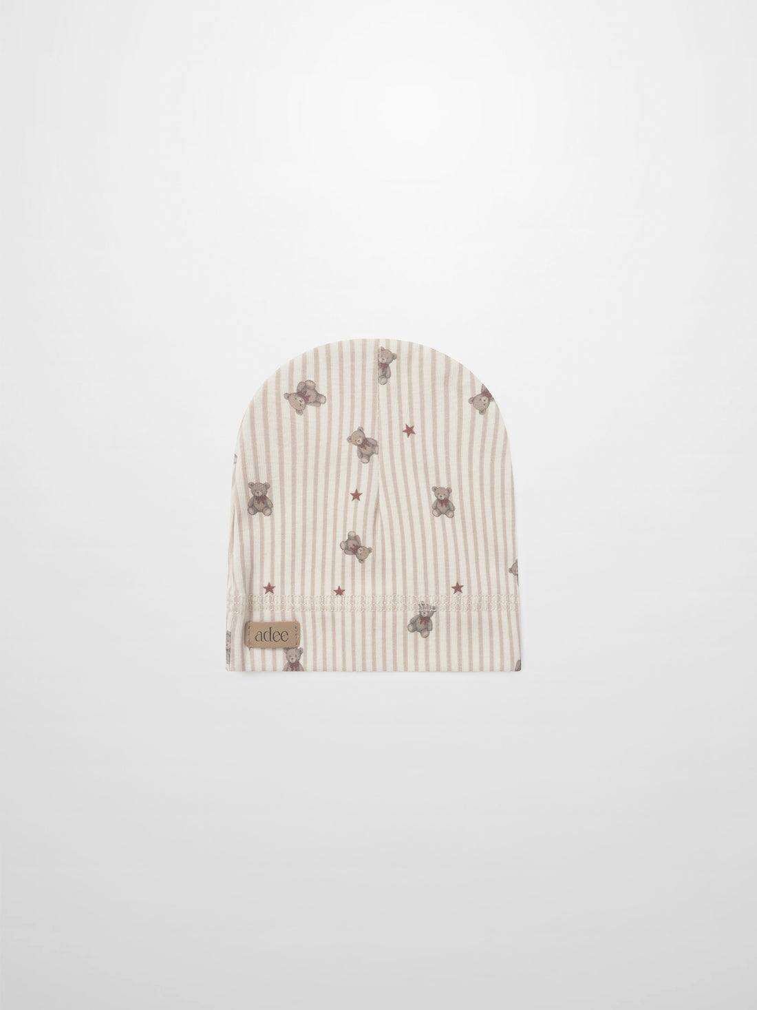 Adee striped bear hat for girls, beige striped fabric with teddy bear prints and red stars