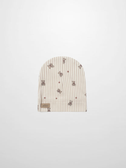 Adee striped bear hat for girls, beige striped fabric with teddy bear prints and red stars