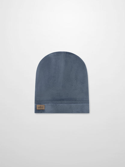 Velour hat for boys in slate blue by Adee with brand patch