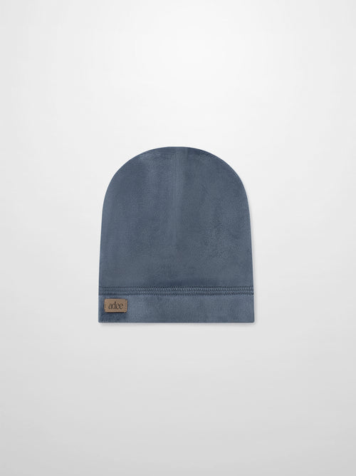 Velour hat for boys in slate blue by Adee with brand patch