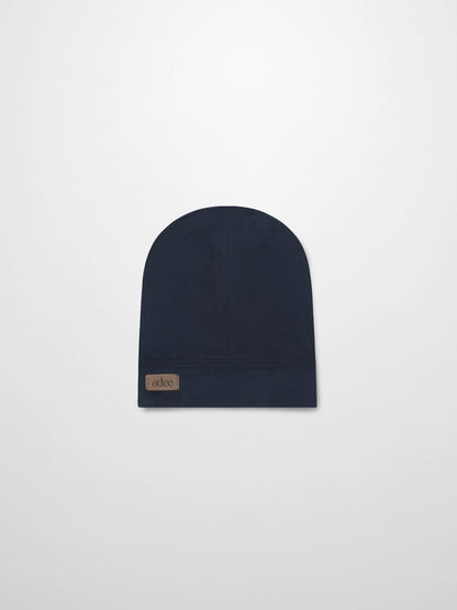 Embroidered Bear Hat by Adee, navy blue boys hat with tan patch label adee