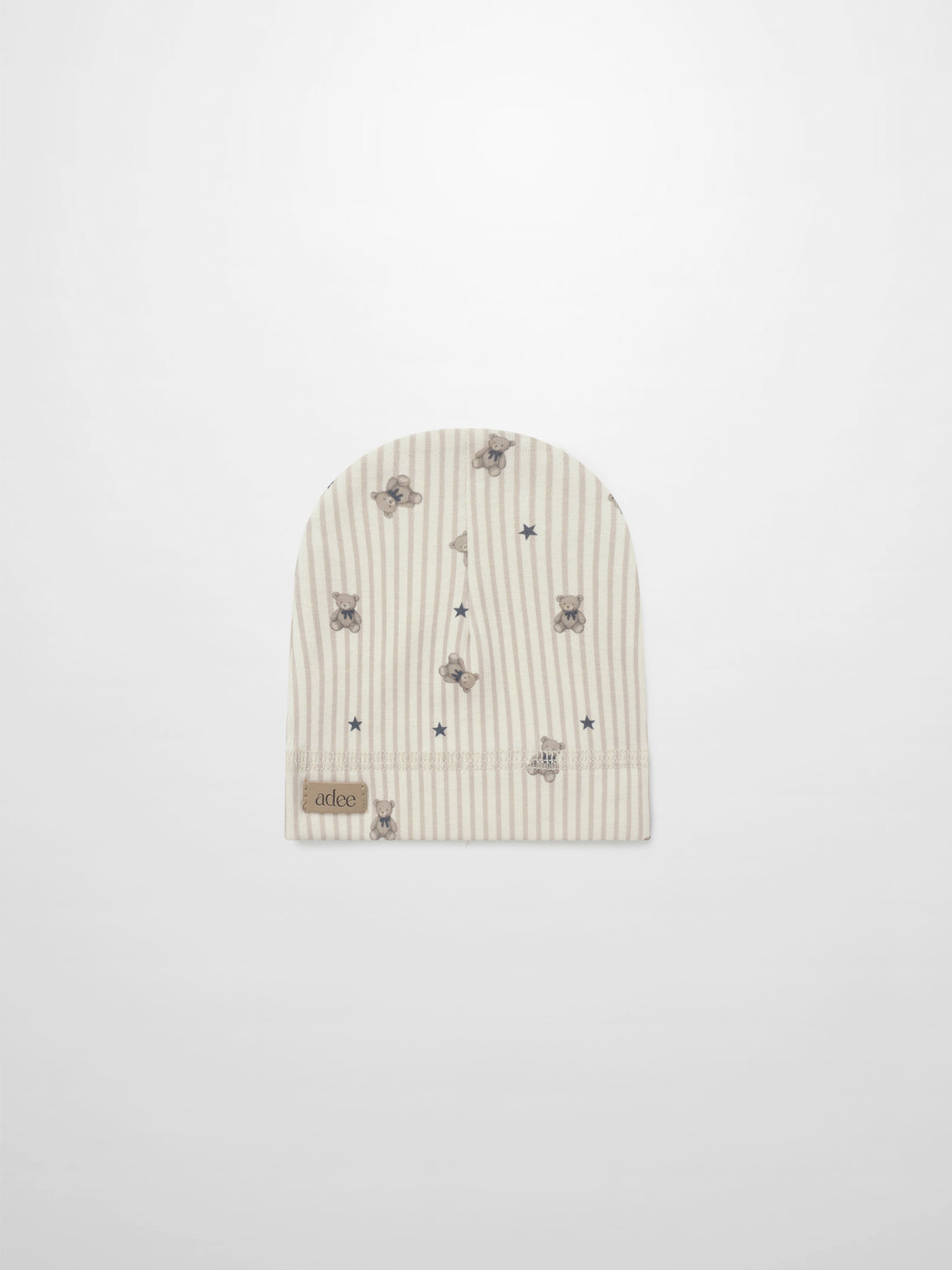 Striped Bear Hat by Adee, beige knit with teddy bears and blue stars for boys