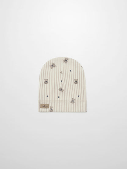 Striped Bear Hat by Adee, beige knit with teddy bears and blue stars for boys