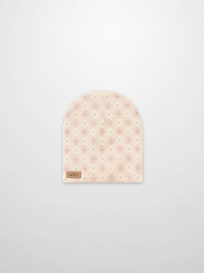 Little Button Beanie pink girls beanie by Adee with rib-knit fabric and tiny dotted pattern