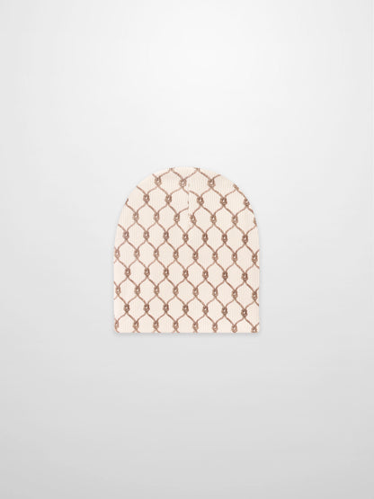 Brown chain-pattern boys beanie in beige knit fabric