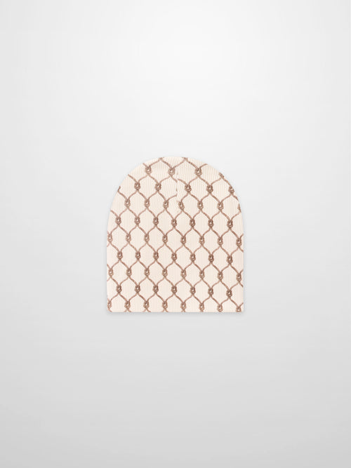 Brown chain-pattern boys beanie in beige knit fabric