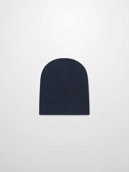 Embroidered bear hat for boys in navy, simple knit beanie with folded cuff