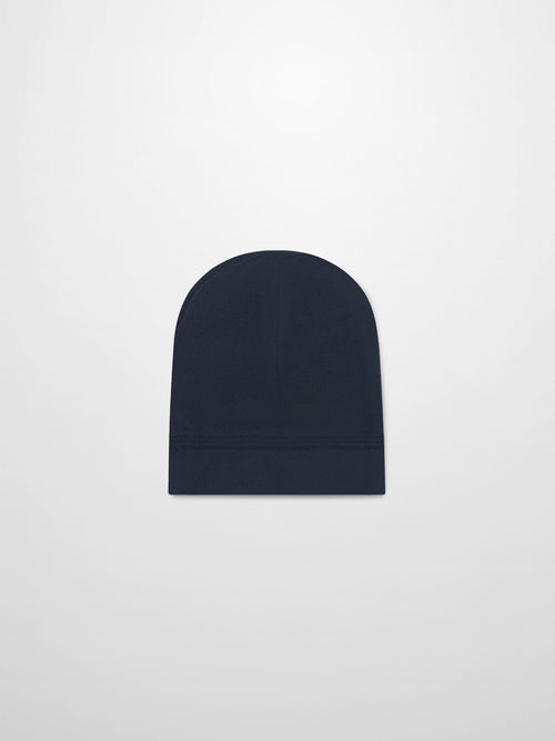 Embroidered bear hat for boys in navy, simple knit beanie with folded cuff