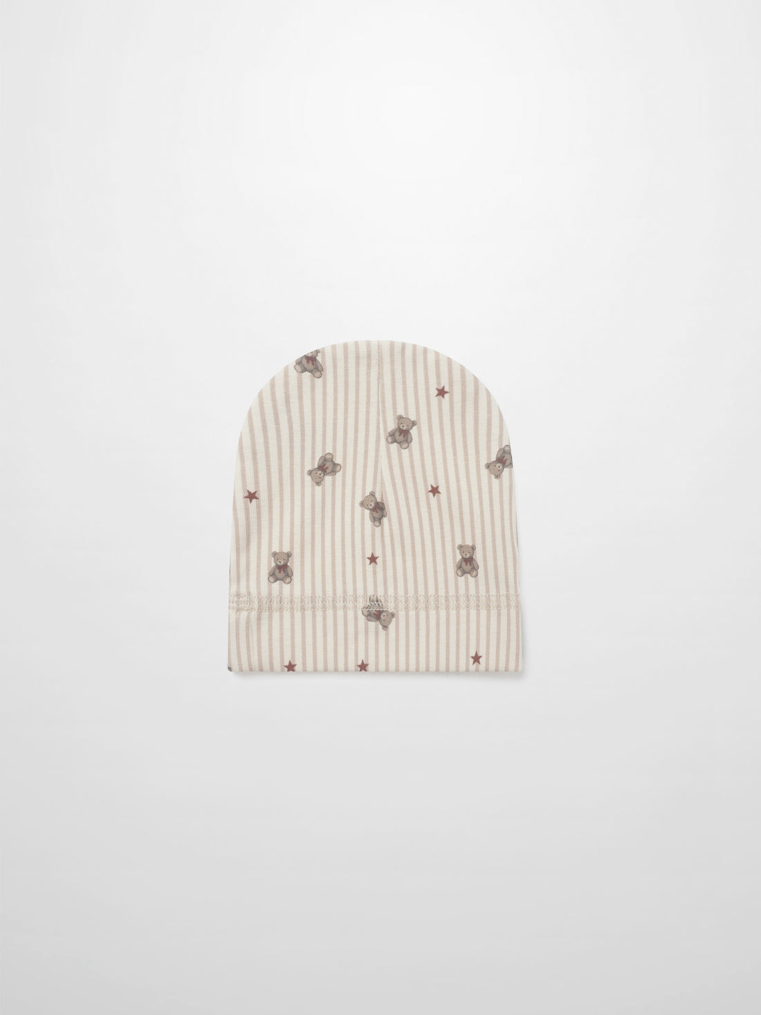 Striped Bear Hat - Red for girls, beige striped knit with teddy bears and red stars