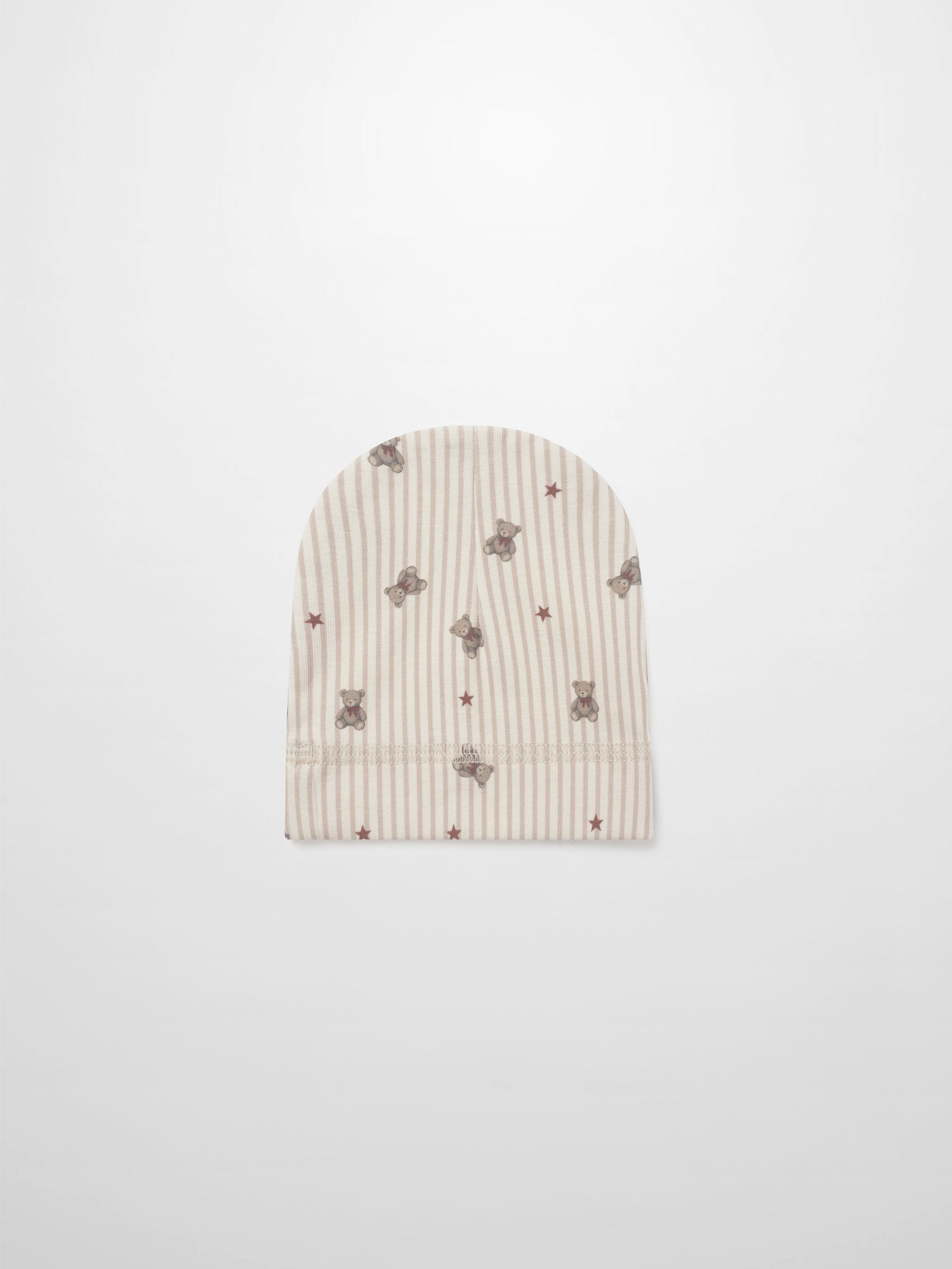 Striped Bear Hat - Red for girls, beige striped knit with teddy bears and red stars