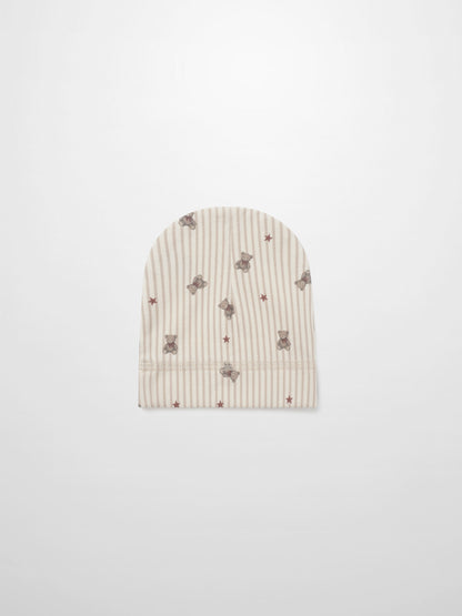 Striped Bear Hat - Red for girls, beige striped knit with teddy bears and red stars