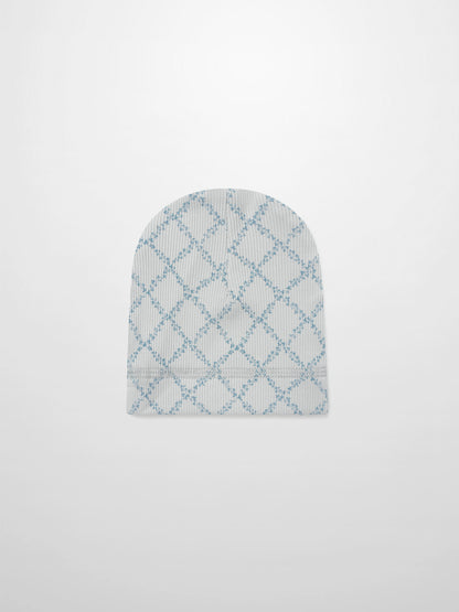 Blue Leaf Hat for boys by Adee; gray knit with blue lattice pattern