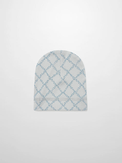 Blue Leaf Hat for boys by Adee; gray knit with blue lattice pattern