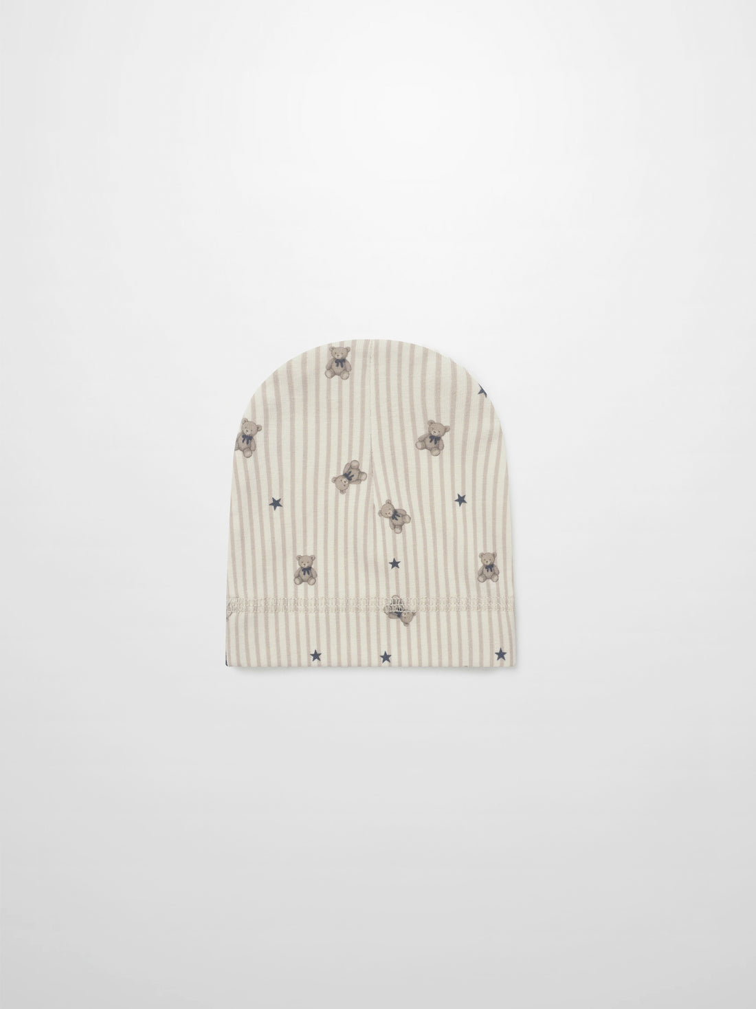 Striped bear hat for boys by Adee; beige striped knit with teddy bear prints and stars.