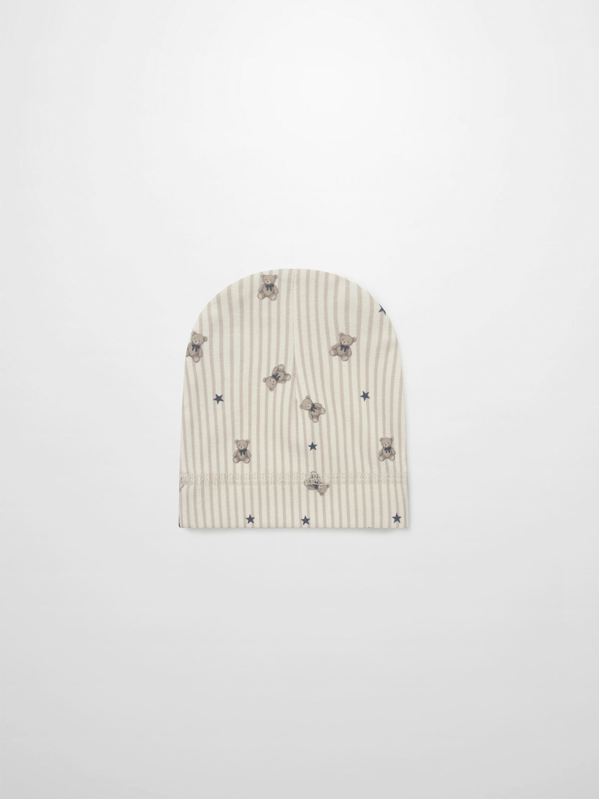 Striped bear hat for boys by Adee; beige striped knit with teddy bear prints and stars.