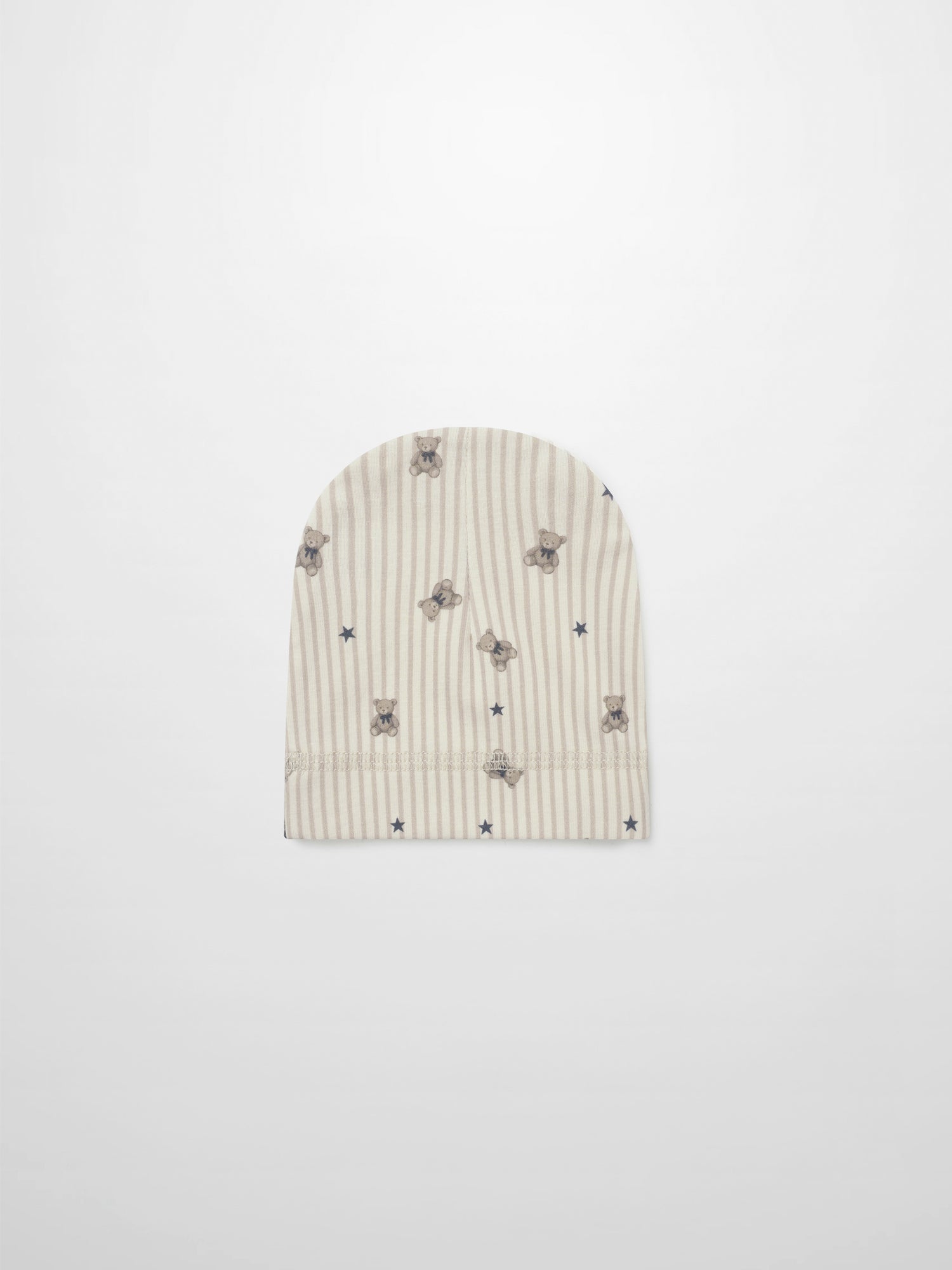 Striped bear hat for boys by Adee; beige striped knit with teddy bear prints and stars.