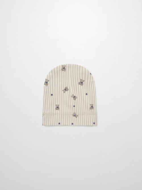 Striped bear hat for boys by Adee; beige striped knit with teddy bear prints and stars.