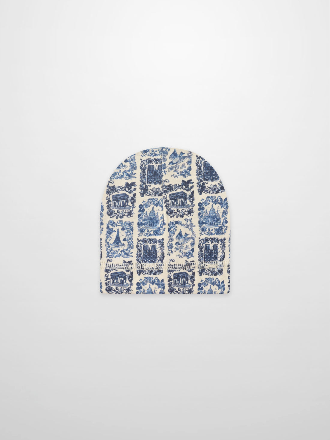 Blue landmark hat for boys; cream fabric with blue architectural print