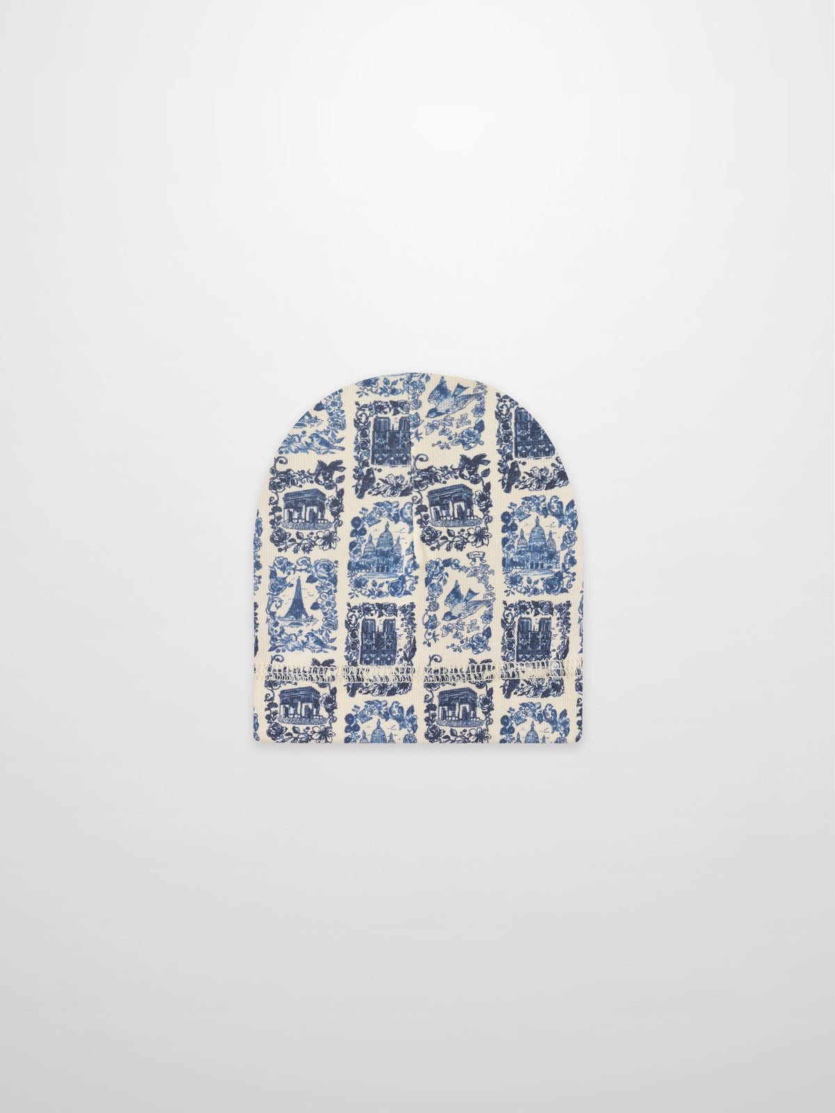 Blue landmark hat for boys; cream fabric with blue architectural print