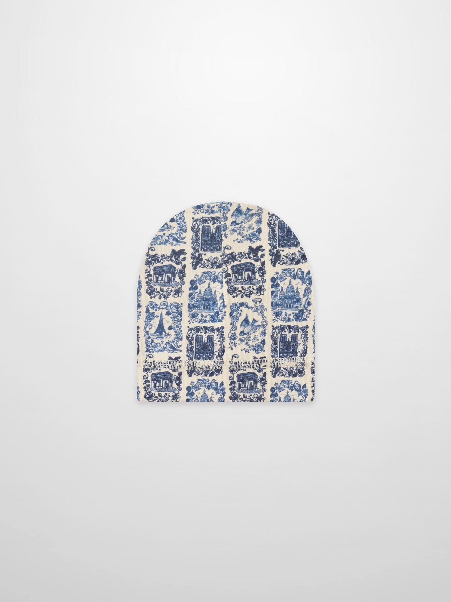 Blue landmark hat for boys; cream fabric with blue architectural print