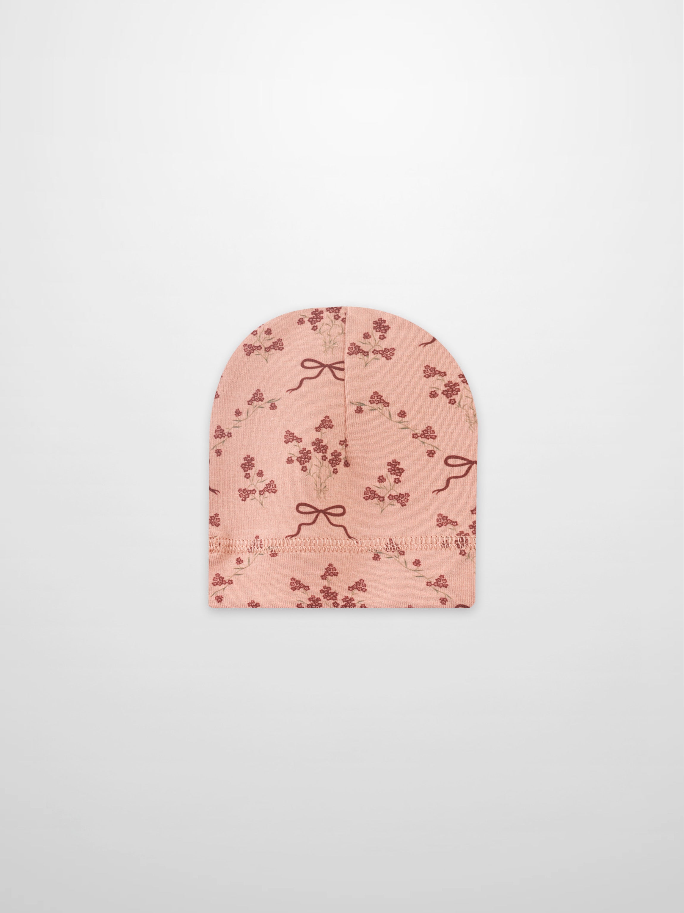 Bow Bouquet Hat for girls, pink fabric with red floral pattern and bow details