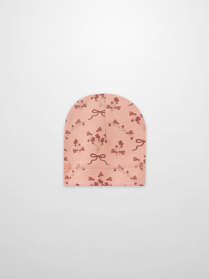 Bow Bouquet Hat for girls, pink fabric with red floral pattern and bow details
