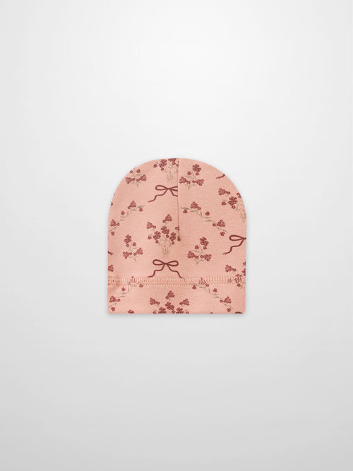Bow Bouquet Hat for girls, pink fabric with red floral pattern and bow details