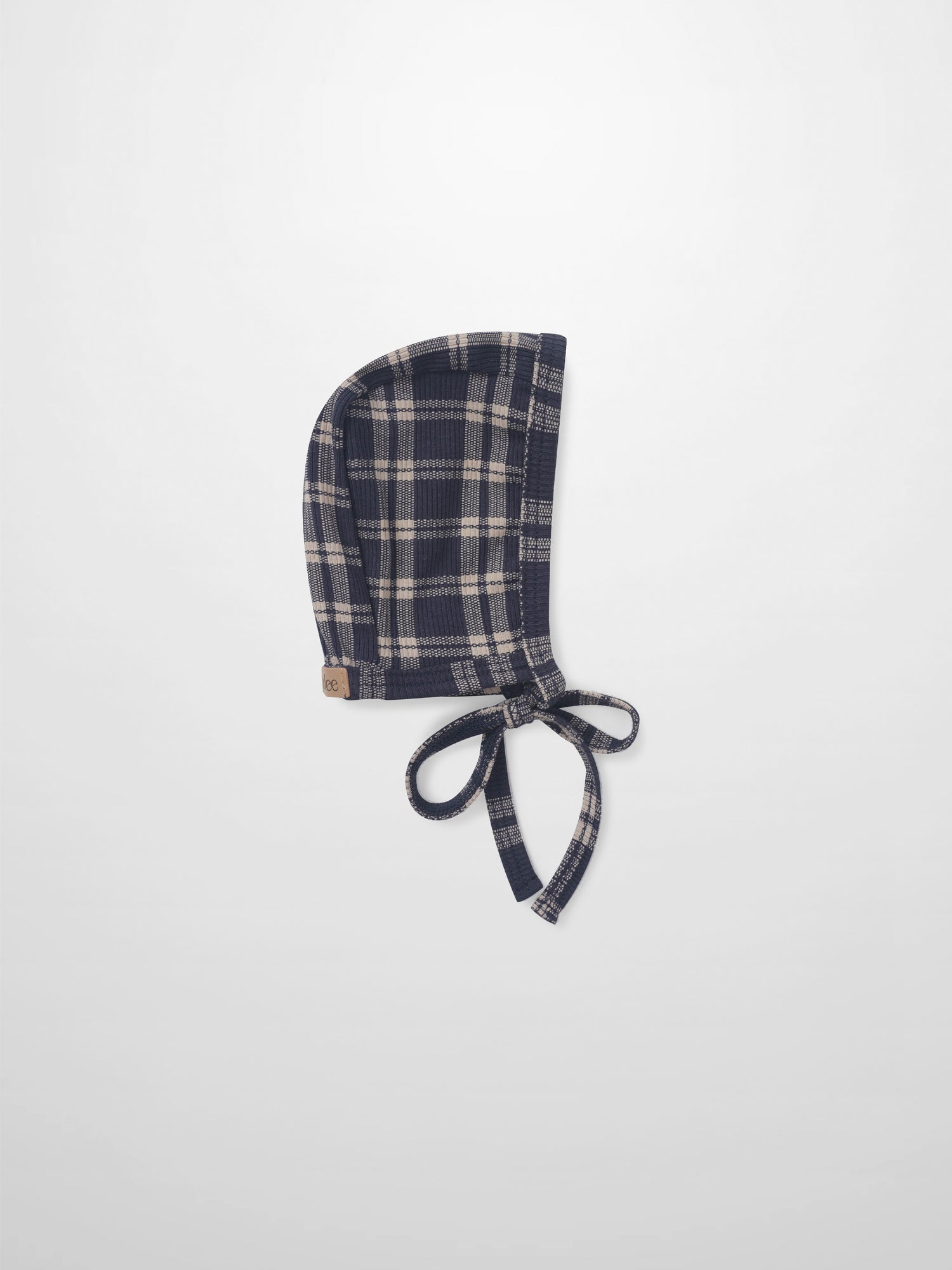 Navy plaid bonnet for boys by Adee with tie strings