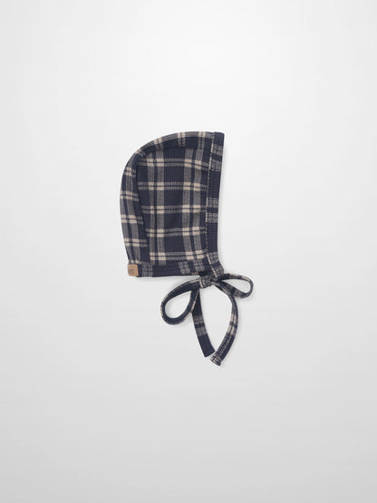 Navy plaid bonnet for boys by Adee with tie strings