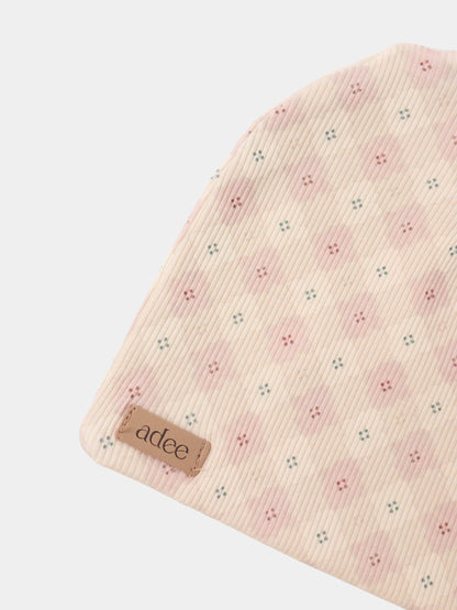 Little Button Beanie - Pink, ribbed knit girls beanie by Adee with tiny teal/pink dots