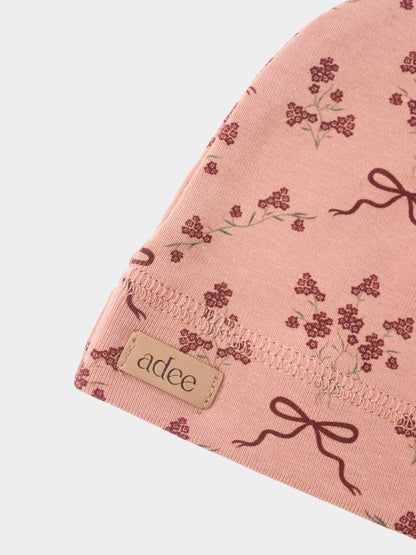 Bow Bouquet Hat for girls; pink floral print with bow motif, Adee brand.