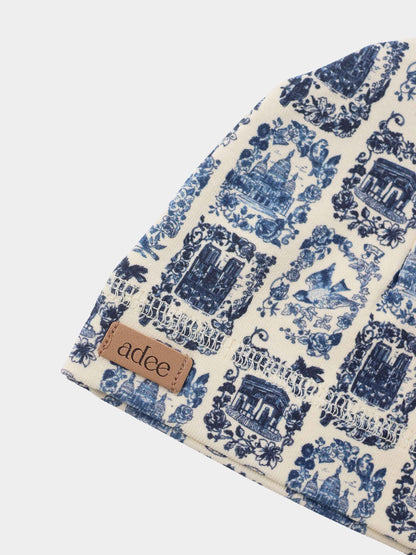 Blue Landmark Hat for boys by Adee, cream fabric with blue toile landmark print and leather label