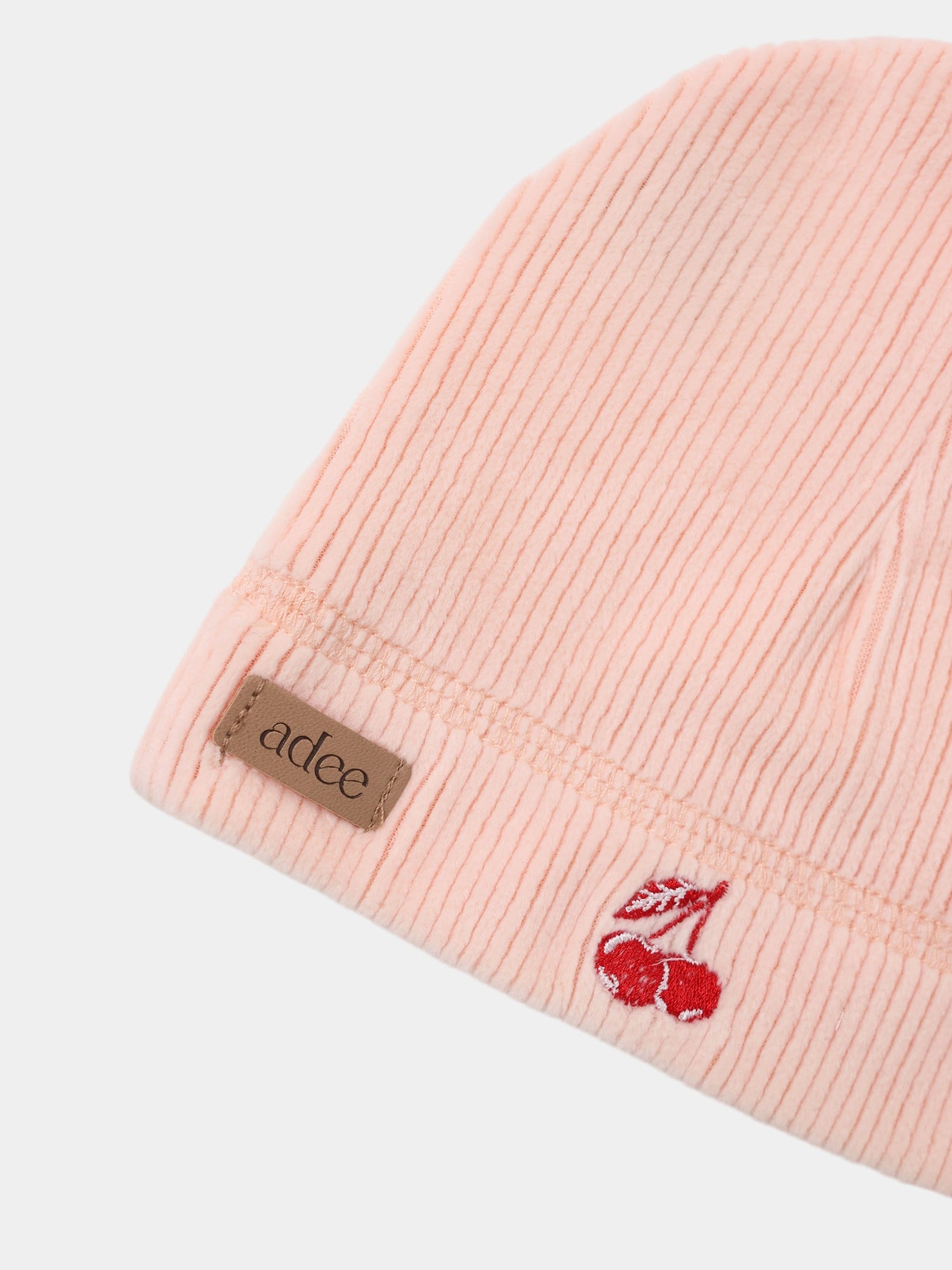 Embroidered Cherry Layette Set by Adee, pink corduroy fabric with cherry embroidery and brand patch