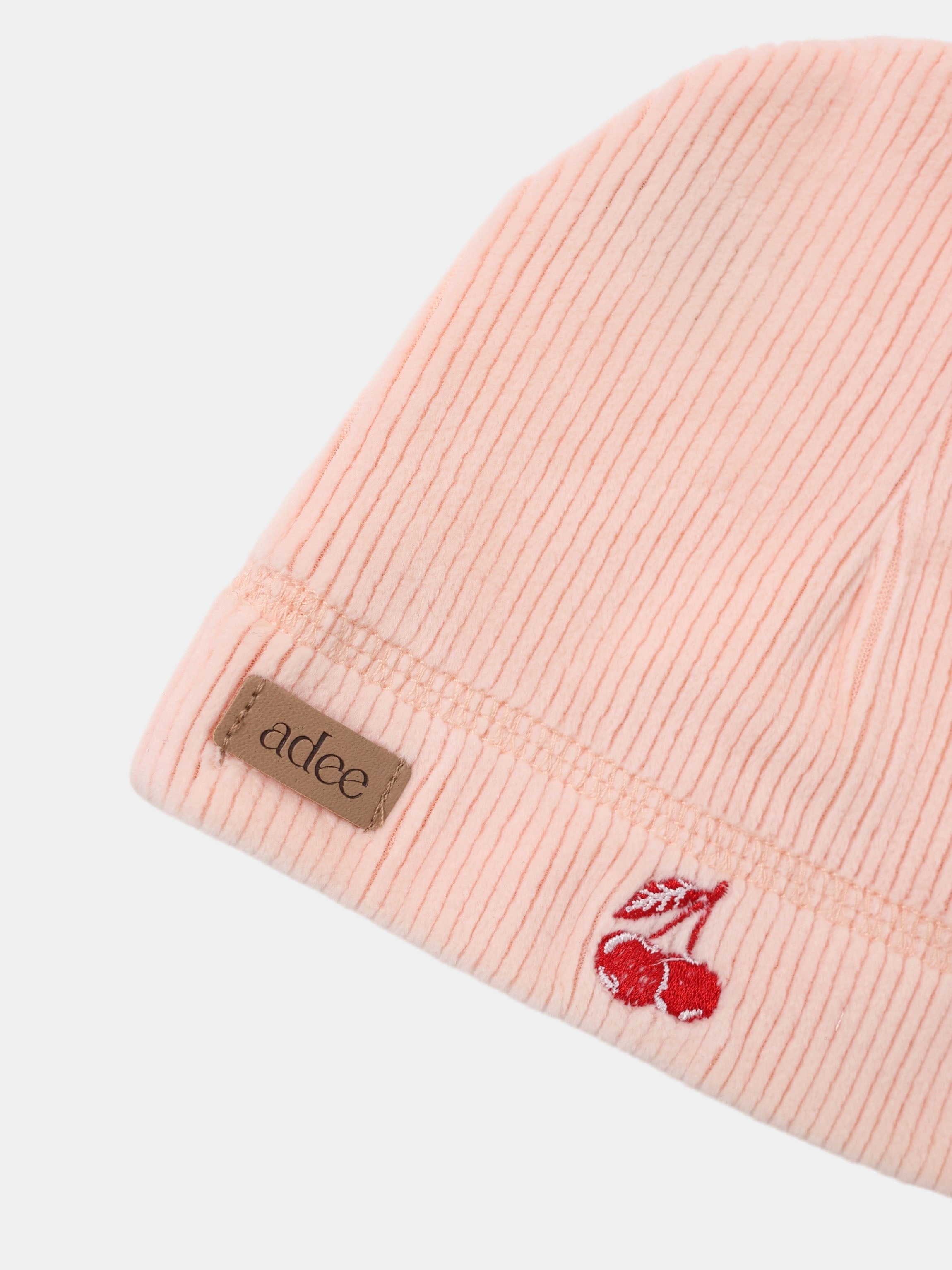 Embroidered Cherry Hat for Girls by Adee in pink ribbed knit