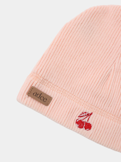 Embroidered Cherry Hat for Girls by Adee in pink ribbed knit