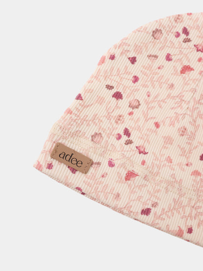 Garden Sprinkles Hat for girls; pink floral print corduroy ribbed fabric by Adee