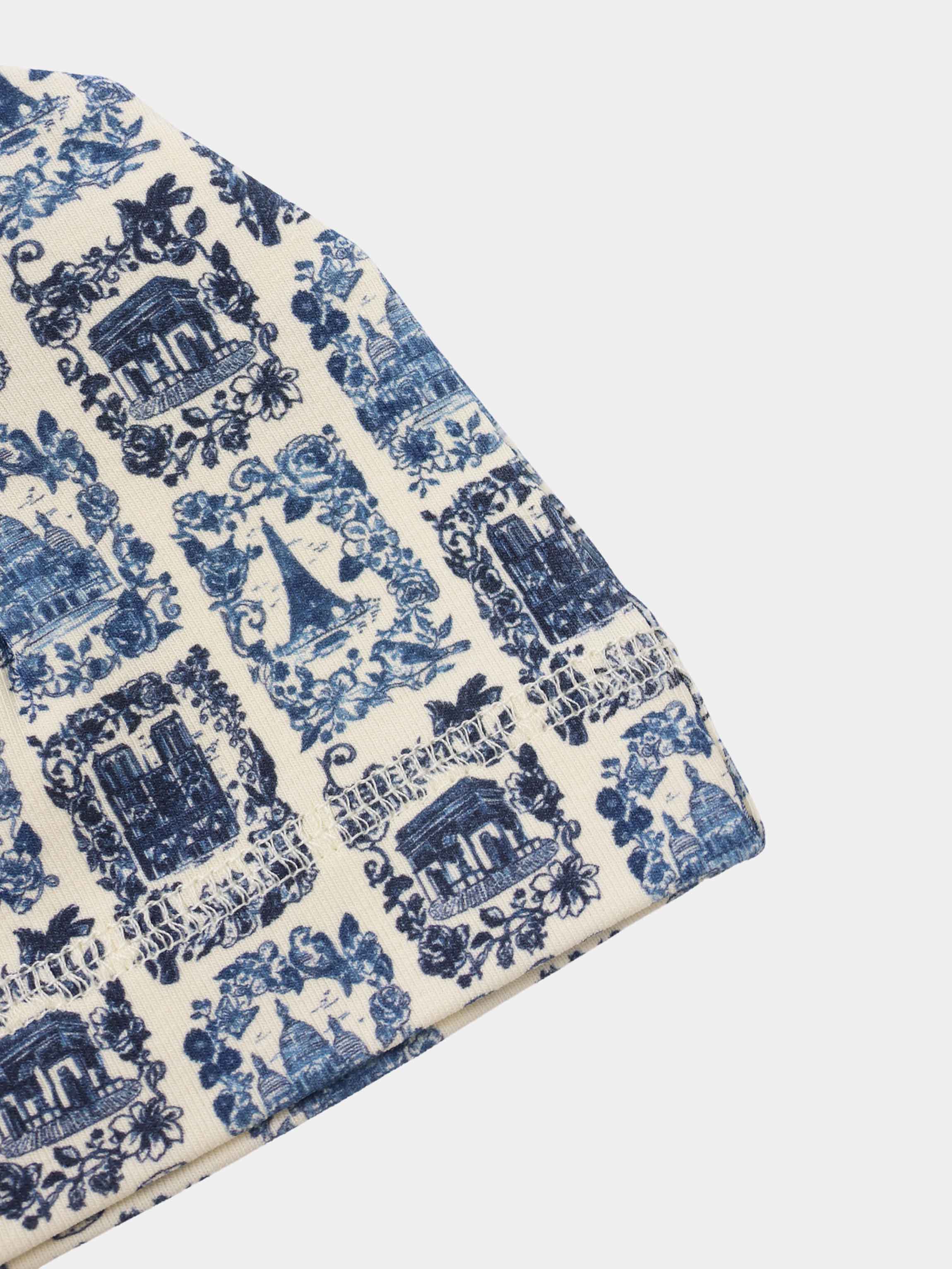 Blue Landmark Hat for boys, beige fabric with blue toile print of landmarks