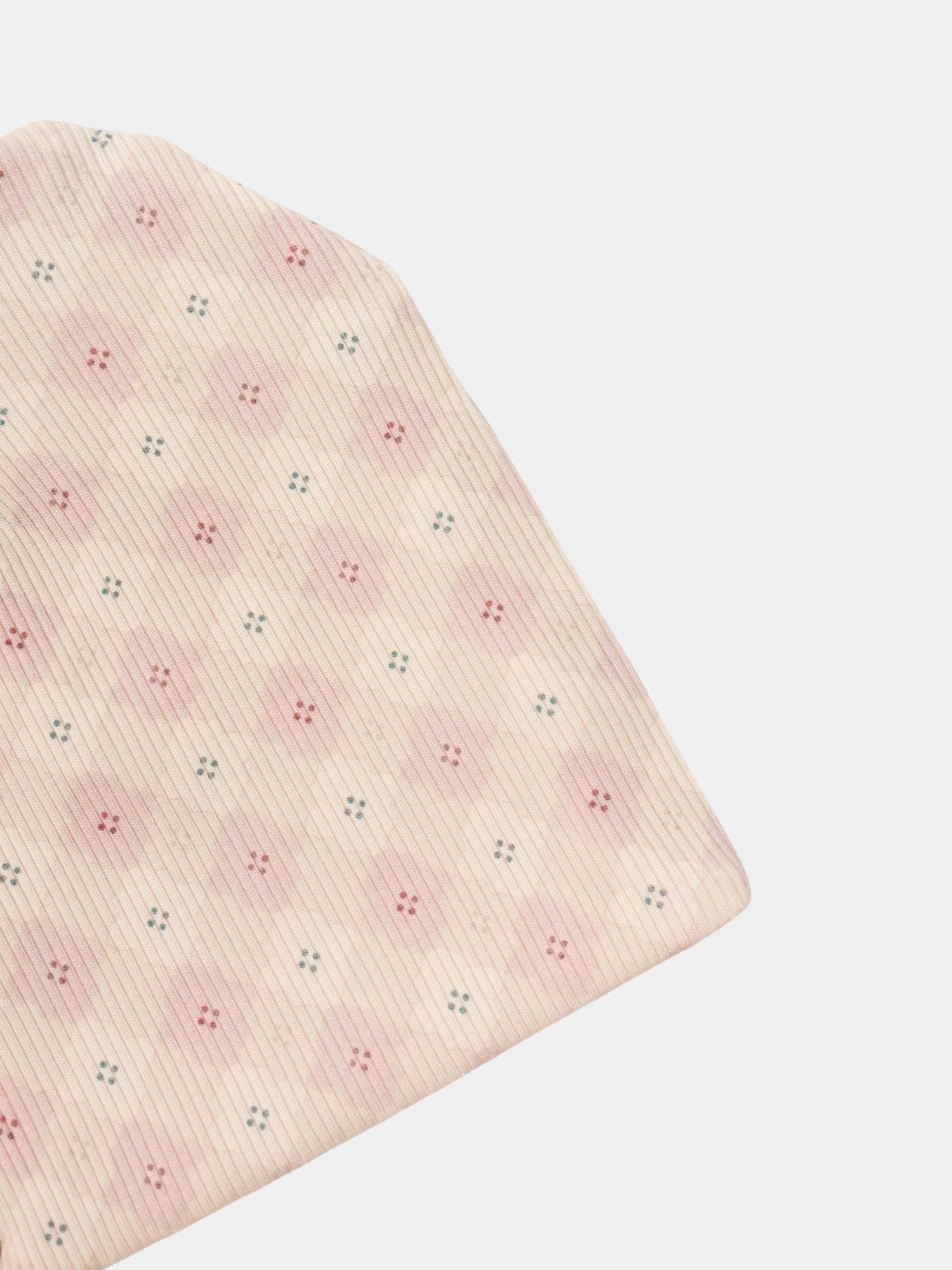 Little Button Beanie - Pink, by Adee; ribbed knit with tiny pink and green floral dots.