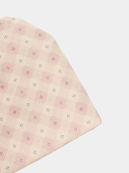 Little Button Beanie - Pink, by Adee; ribbed knit with tiny pink and green floral dots.