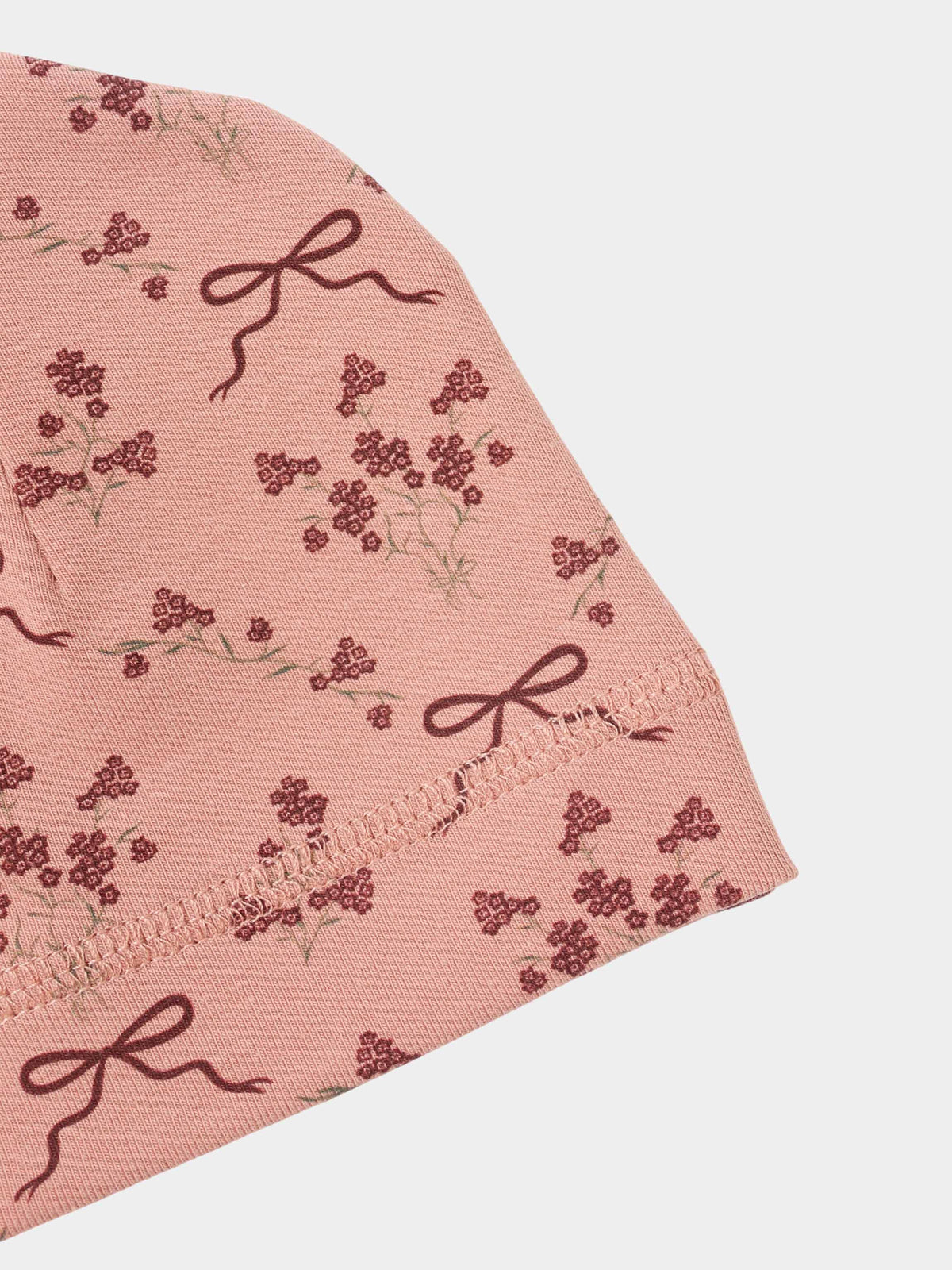 Bow Bouquet Hat by Adee, pink girls hat with burgundy floral bow pattern.