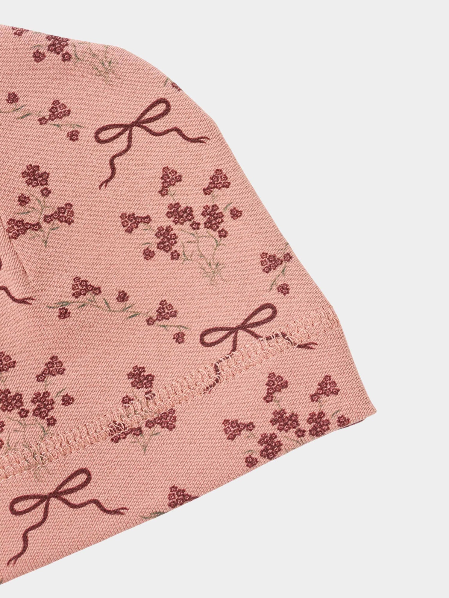 Bow Bouquet Hat by Adee, pink girls hat with burgundy floral bow pattern.
