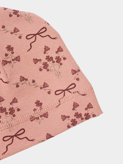 Bow Bouquet Hat by Adee, pink girls hat with burgundy floral bow pattern.