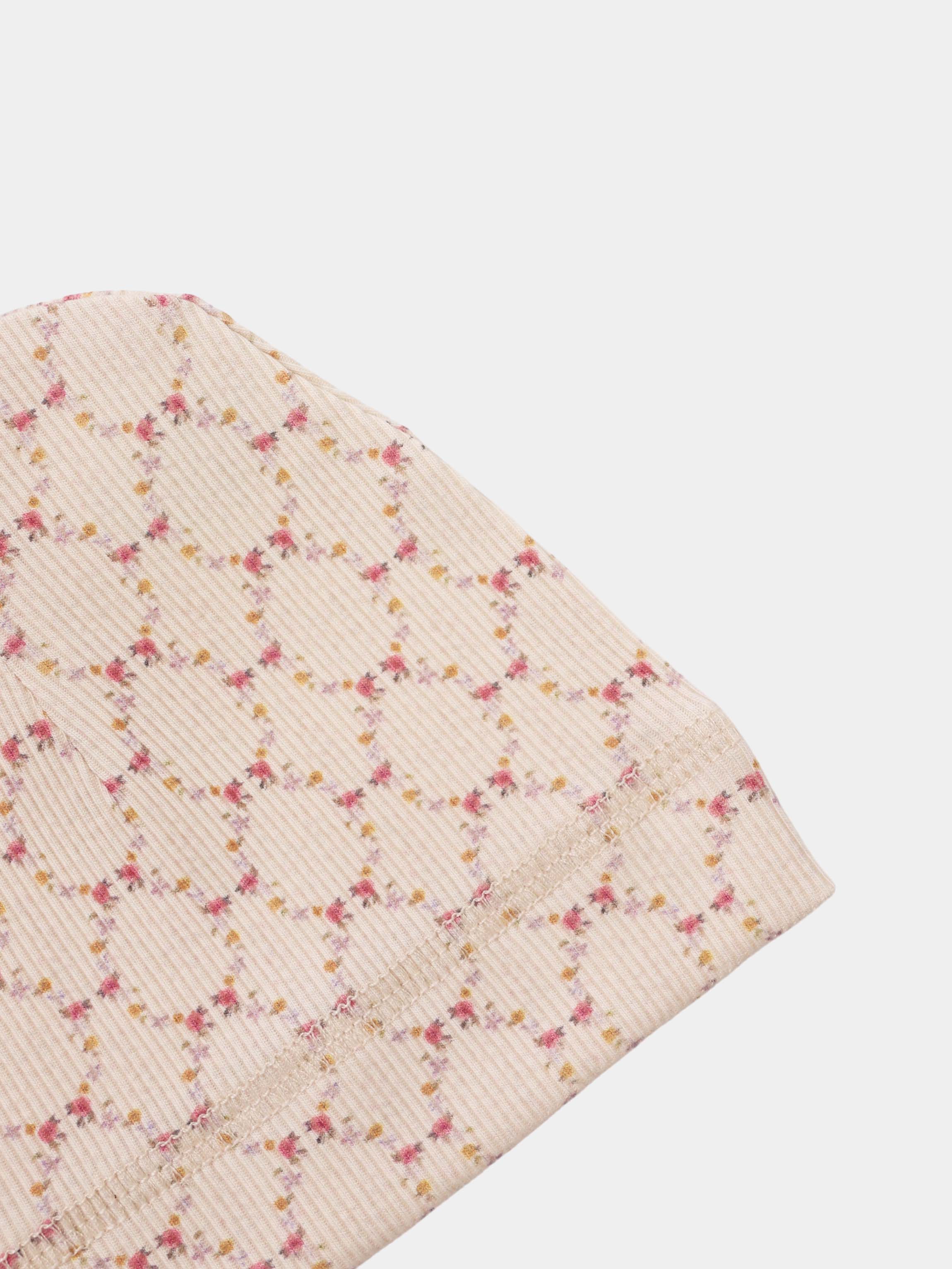 Floral Garland Hat for girls; pale pink fabric with tiny pink and yellow floral garland pattern.