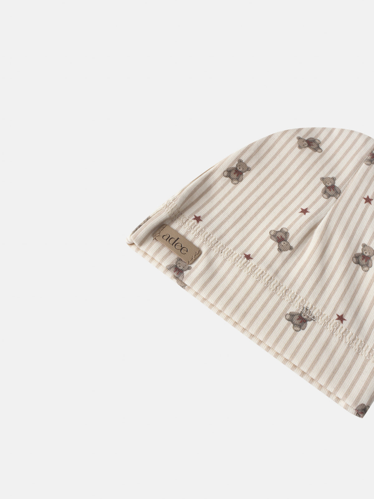 Adee Striped Bear Hat for girls, beige striped fabric with teddy bear prints and red stars