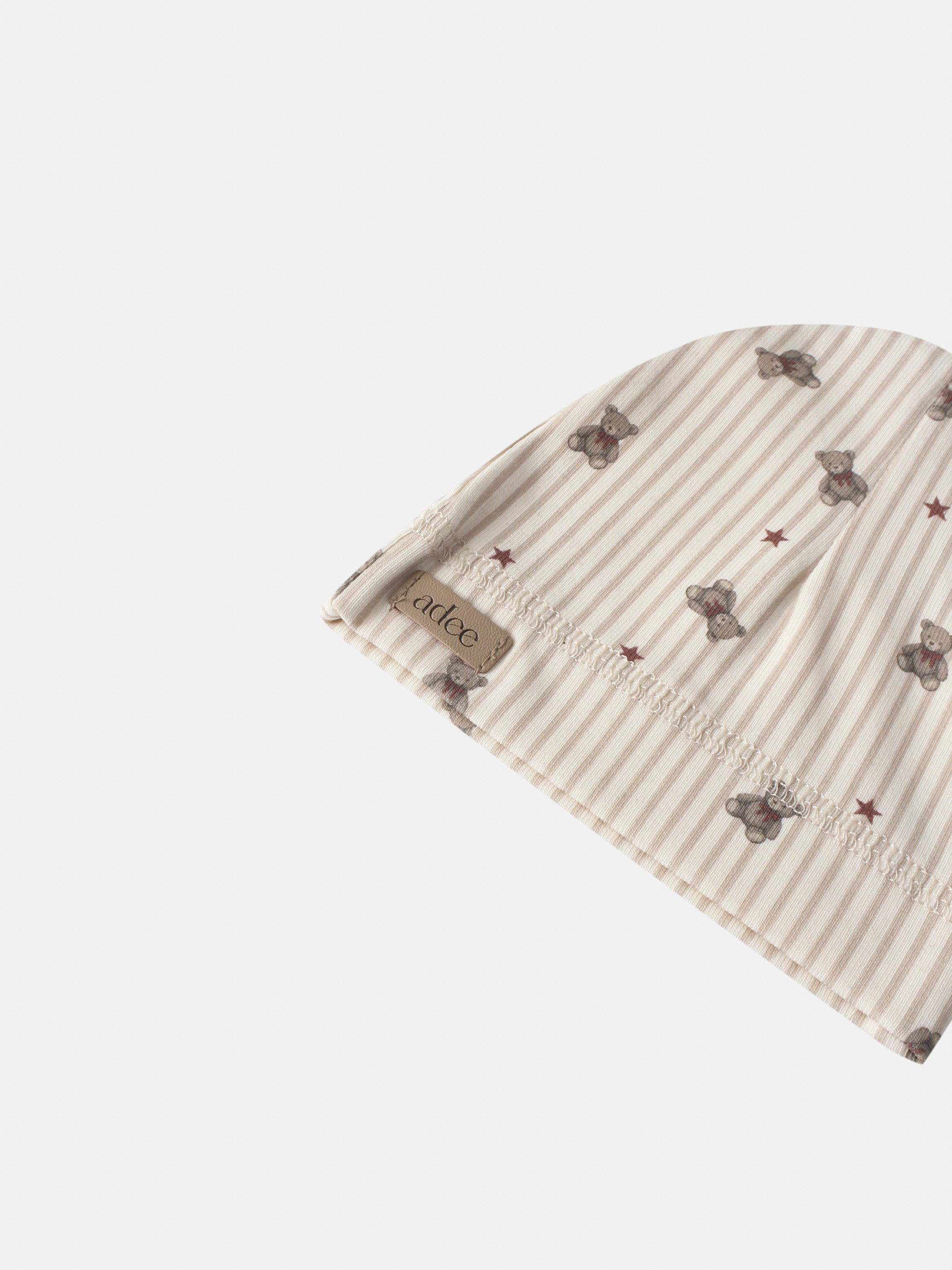 Adee Striped Bear Hat for girls, beige striped fabric with teddy bear prints and red stars