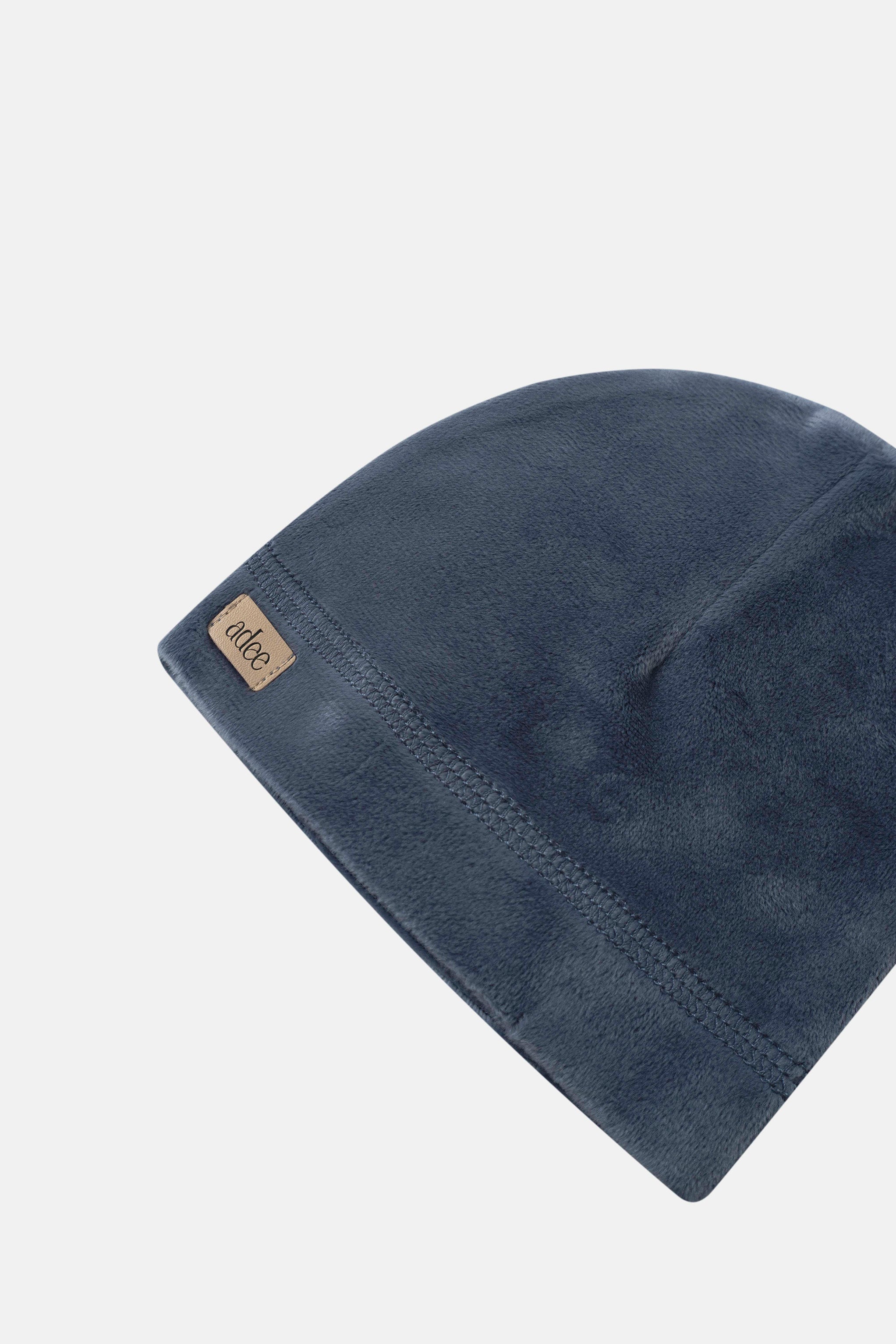 Velour Hat for boys by Adee in slate blue with plush fabric.