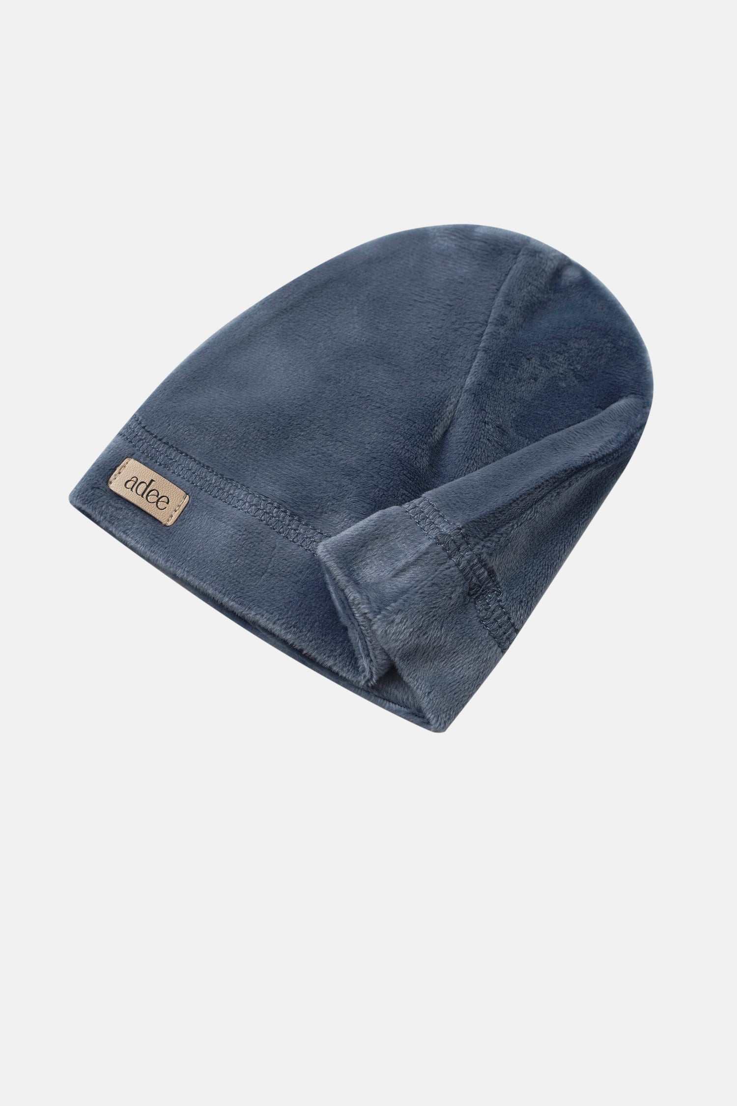 Velour hat for boys in slate blue by Adee; plush fabric with stitched edge and brand tag.